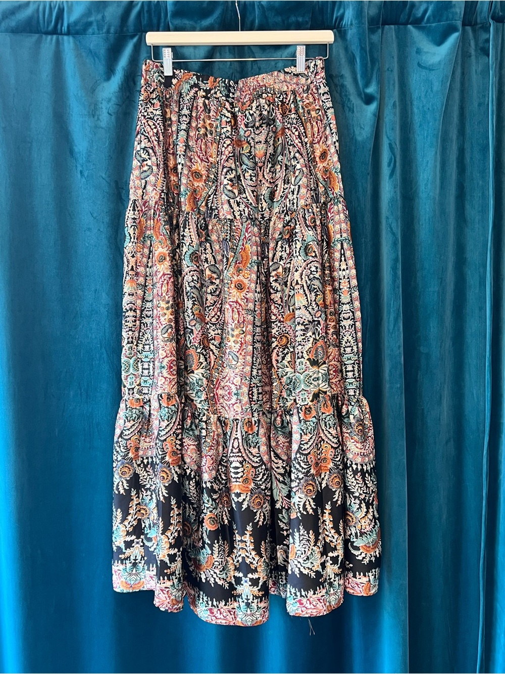 Molly Bracken Satin Boho Floral Tiered Maxi Skirt